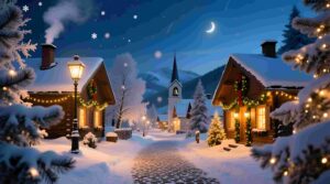 "Midnight Magic: A Cozy Christmas Village in the Snow" - Digital Wall Art Print