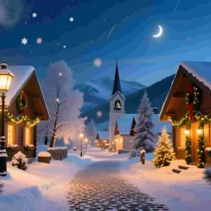 "Midnight Magic: A Cozy Christmas Village in the Snow" - Digital Wall Art Print