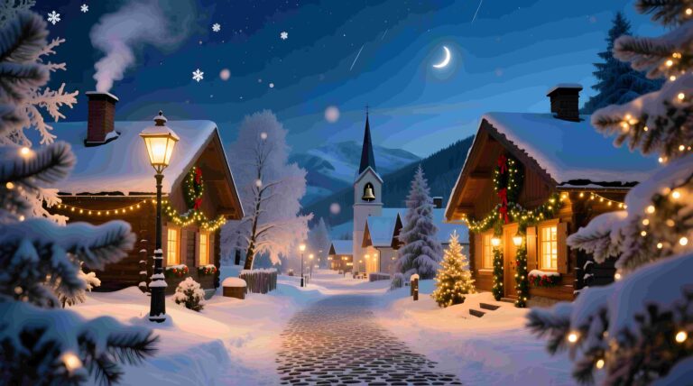 "Midnight Magic: A Cozy Christmas Village in the Snow" - Digital Wall Art Print