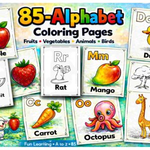 85-Page Alphabet Coloring Book for Kids – A to Z Fun with Fruits, Animals & More! (Instant PDF Download)